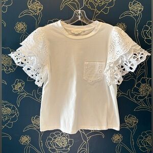 ANTHROPOLOGIE brand Forever That Girl RUFFLE SLEEVE eyelet LACE pocket tee small